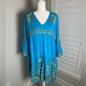 Soft Surroundings Dress Women 1X Blue Gold Embroidered Aztec V Neck Bell Sleeves